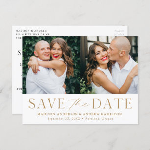 Moderne Elegance Gold Two Photo Save the Date Aankondigingskaart