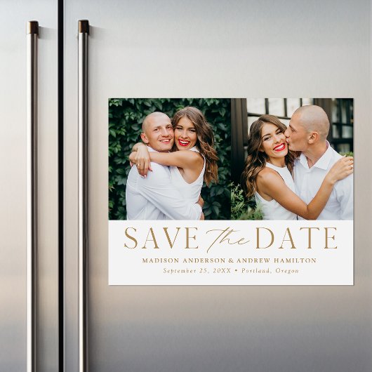 Moderne Elegance Gold Two Photo Save the Date Magnetische Uitnodiging
