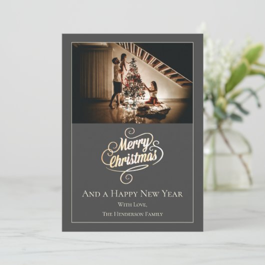 Moderne Elegance Kerstfoto | Grijs Feestdagenkaart (Staand voorkant)