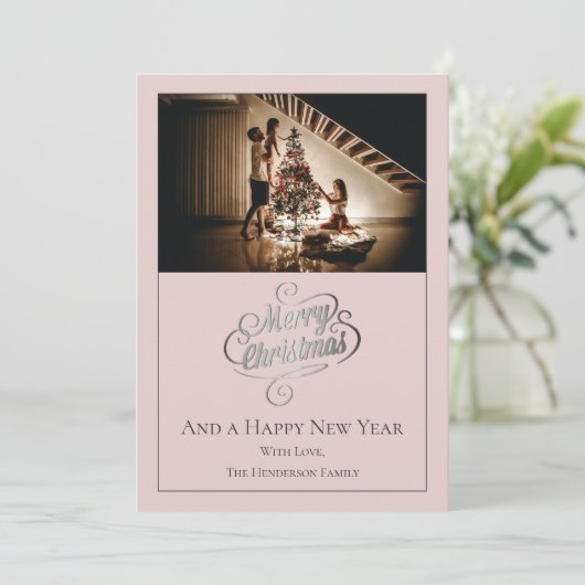 Moderne Elegance Kerstfoto | roze Feestdagenkaart (Staand voorkant)