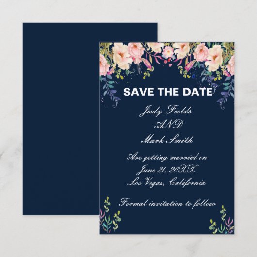 Moderne Elegance Pink Floral Save the Date Kaart (Voorkant / Achterkant)