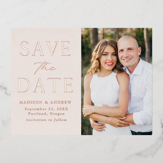 Moderne Elegance Roos Gold Wedding Save the Date Folie Uitnodiging Briefkaart (Voorkant)