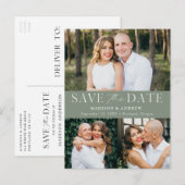 Moderne Elegance Sage Green 3 Foto Save the Date Aankondigingskaart (Voorkant / Achterkant)