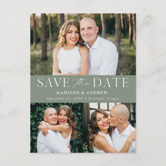 Moderne Elegance Sage Green 3 Foto Save the Date Aankondigingskaart (Voorkant)