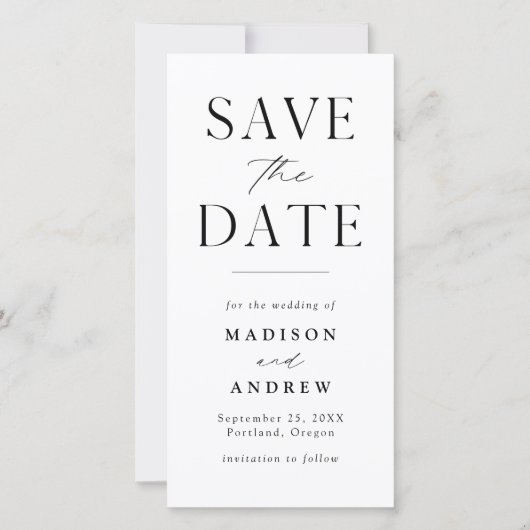 Moderne Elegance White Photo Save the Date (Voorkant)