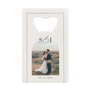 Moderne Elegant Arch Fotoscript Wedding Favoriet Creditkaart Flessenopener