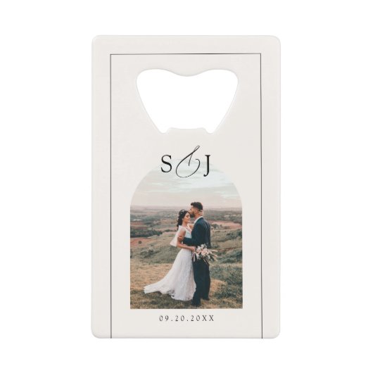 Moderne Elegant Arch Fotoscript Wedding Favoriet Creditkaart Flessenopener (Voorkant)