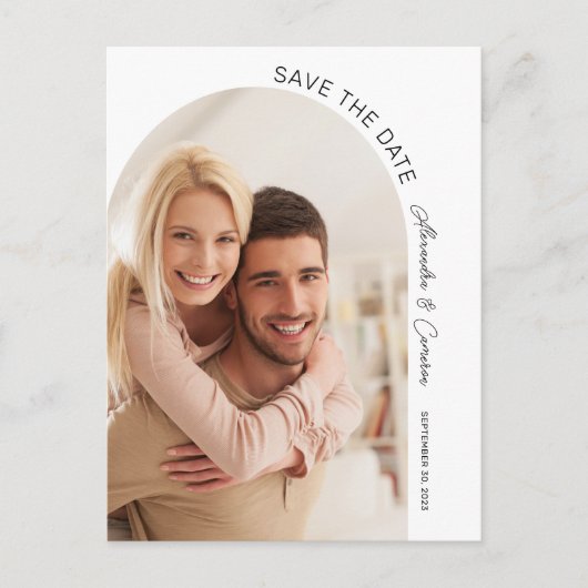 Moderne Elegant Arch Script-foto slaat de datum op Briefkaart (Voorkant)