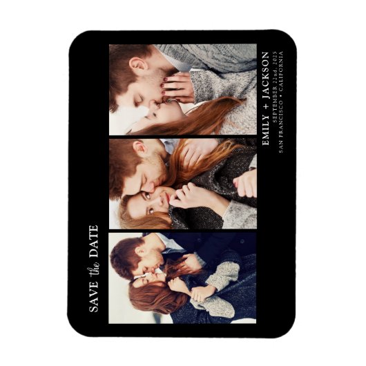 Moderne Elegant Bewaar de Datum Drie Foto Magneet (Verticaal)