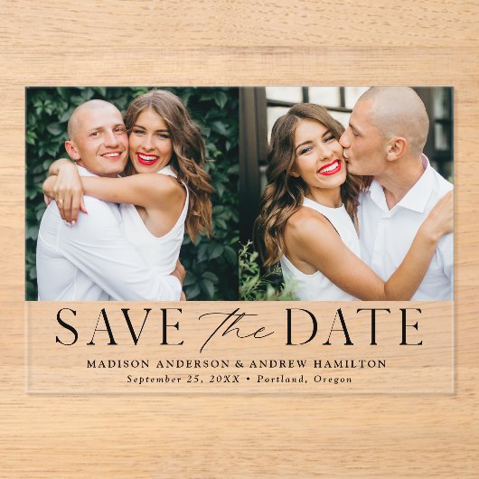 Moderne Elegant Black 2 Foto Bewaar de datum Acryl Uitnodigingen (Voorkant)