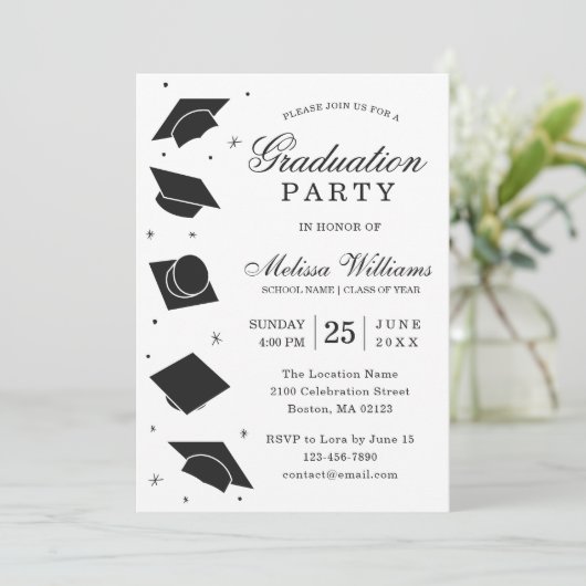 Moderne Elegant Black and White Graduation Party Kaart (Staand voorkant)