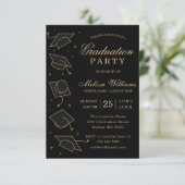 Moderne Elegant Black en Gold Graduation Party Kaart (Staand voorkant)
