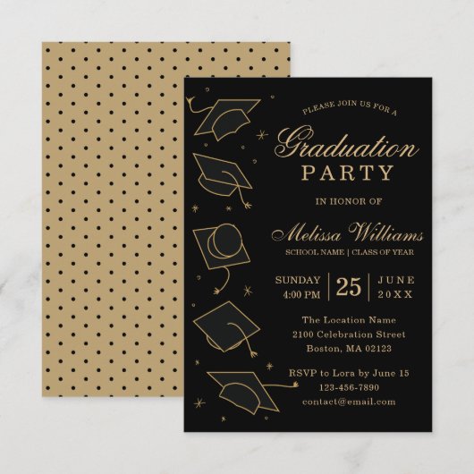 Moderne Elegant Black en Gold Graduation Party Kaart (Voorkant / Achterkant)