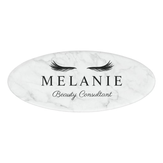 Moderne Elegant Black Eyelash Marble Cosmetoloog Naambadge (Voorkant)