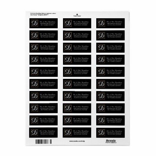 Moderne Elegant Black Gold Lijst Monogram Initiale Etiket (Full Sheet)