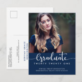 Moderne Elegant Blauw Afstuderen Script Foto Aankondigingskaart (Voorkant / Achterkant)