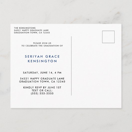 Moderne Elegant Blauw Afstuderen Script Foto Aankondigingskaart (Achterkant)