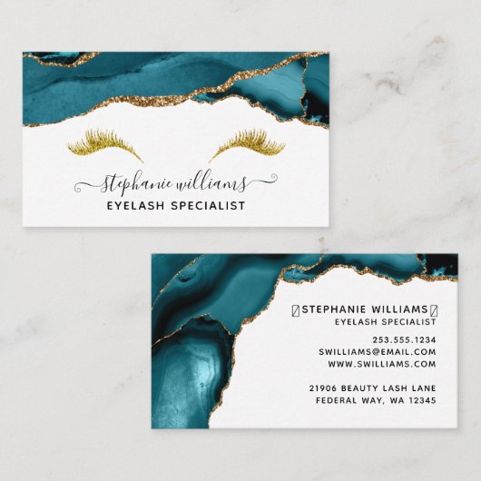 Moderne Elegant Blauwgroen Gold Agate Lashes Visitekaartje (Voorkant / Achterkant)
