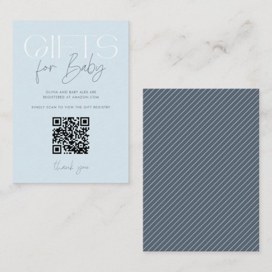 Moderne Elegant Blue Gifts Baby shower QR-code Informatiekaartje (Voorkant / Achterkant)