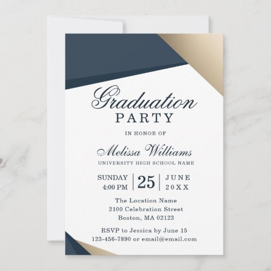 Moderne Elegant Blue Gold Graduation Party Kaart (Voorkant)