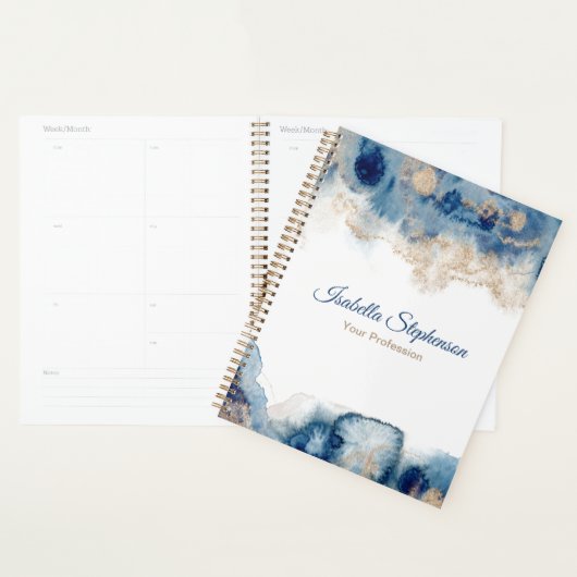 Moderne Elegant Blue Gold Liquid Waterverf Ink Planner (Display)