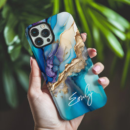 Moderne Elegant Blue Gold Marble Persoonlijke naam iPhone 16 Pro Max Hoesje