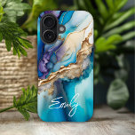 Moderne Elegant Blue Gold Marble Persoonlijke naam iPhone 16 Hoesje<br><div class="desc">Modern Elegant Blue Gold Marble Personalized Name iPhone 16 Hoesjes bevat uw persoonlijke naam in een kalligrafiescript typografie op een achtergrond van blauw en goudmarmer. Perfect cadeau voor haar verjaardag,  moeder voor Moederdag,  zus of bestie voor kerst en feestdagen. Ontworpen door ©Evco Studio www.zazzle.com/store/evcostudio</div>