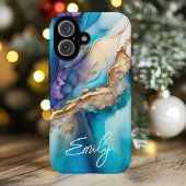 Moderne Elegant Blue Gold Marble Persoonlijke naam Case-Mate iPhone Case