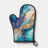 Moderne Elegant Blue Gold Marble Persoonlijke naam Ovenwant (Voorkant)