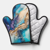 Moderne Elegant Blue Gold Marble Persoonlijke naam Ovenwant (Voorkant / Achterkant)