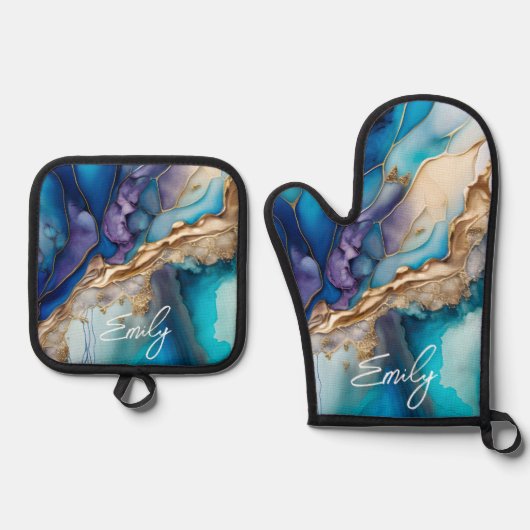 Moderne Elegant Blue Gold Marble Persoonlijke naam Ovenwant & Pannenlap Set (Voorkant)