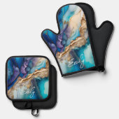 Moderne Elegant Blue Gold Marble Persoonlijke naam Ovenwant & Pannenlap Set (Voorkant / Achterkant)