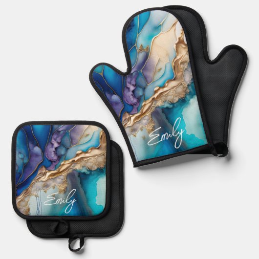 Moderne Elegant Blue Gold Marble Persoonlijke naam Ovenwant & Pannenlap Set (Voorkant / Achterkant)
