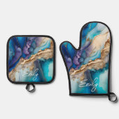 Moderne Elegant Blue Gold Marble Persoonlijke naam Ovenwant & Pannenlap Set (Voorkant)