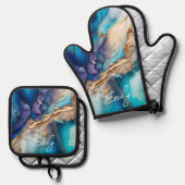 Moderne Elegant Blue Gold Marble Persoonlijke naam Ovenwant & Pannenlap Set (Voorkant / Achterkant)