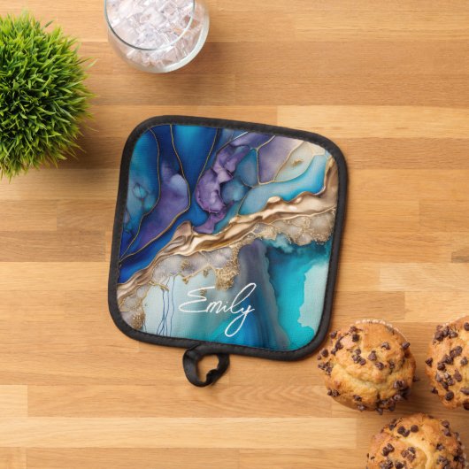 Moderne Elegant Blue Gold Marble Persoonlijke naam Pannenlap (Top down)