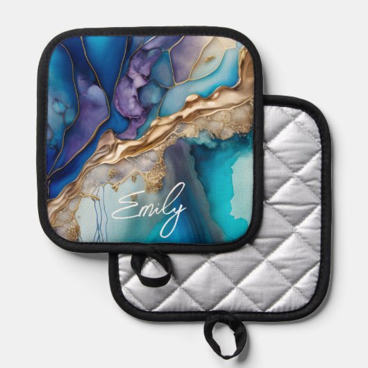 Moderne Elegant Blue Gold Marble Persoonlijke naam Pannenlap (Voorkant / Achterkant)