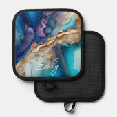 Moderne Elegant Blue Gold Marble Persoonlijke naam Pannenlap (Voorkant / Achterkant)