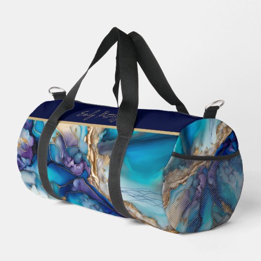 Moderne Elegant Blue Gold Marble Persoonlijke naam Plunjezak (Rechterhoek)