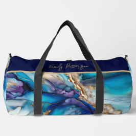 Moderne Elegant Blue Gold Marble Persoonlijke naam Plunjezak