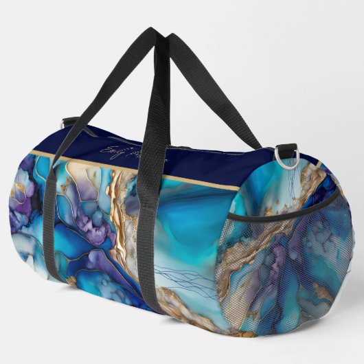 Moderne Elegant Blue Gold Marble Persoonlijke naam Plunjezak (Rechterhoek)