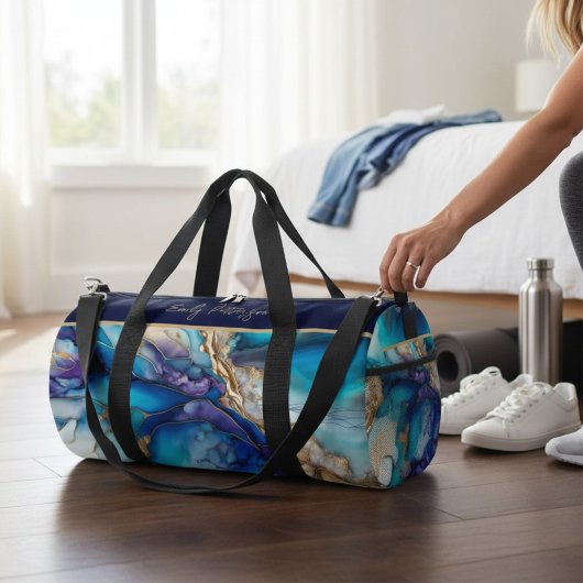 Moderne Elegant Blue Gold Marble Persoonlijke naam Plunjezak