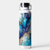 Moderne Elegant Blue Gold Marble Persoonlijke naam Waterfles (Achterkant)