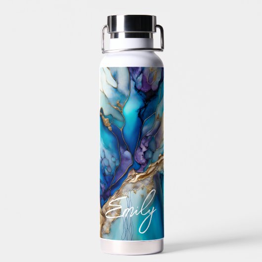 Moderne Elegant Blue Gold Marble Persoonlijke naam Waterfles (Achterkant)