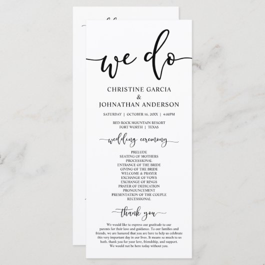 Moderne elegant, bruiloft ceremonie programmakaart (Voorkant / Achterkant)