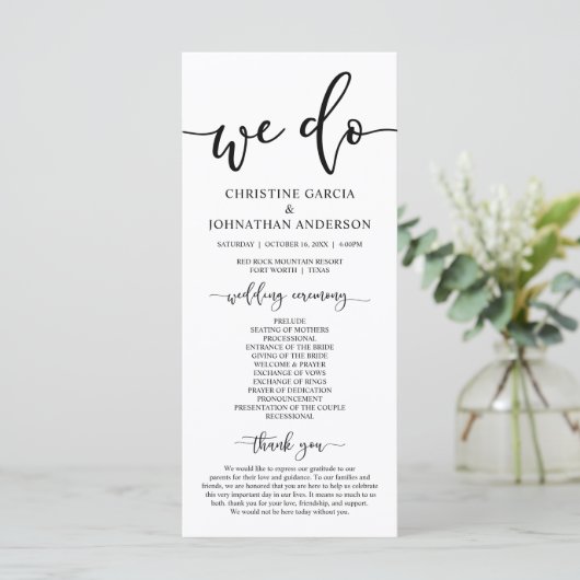 Moderne elegant, bruiloft ceremonie programmakaart (Staand voorkant)