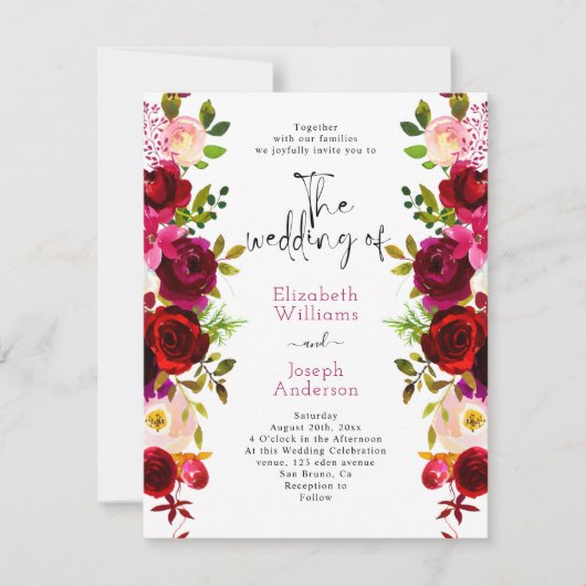 Moderne Elegant Burgundy Floral Rozen Roze bruilof Kaart (Voorkant)