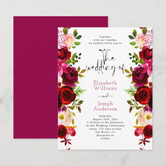 Moderne Elegant Burgundy Floral Rozen Roze bruilof Kaart (Voorkant / Achterkant)