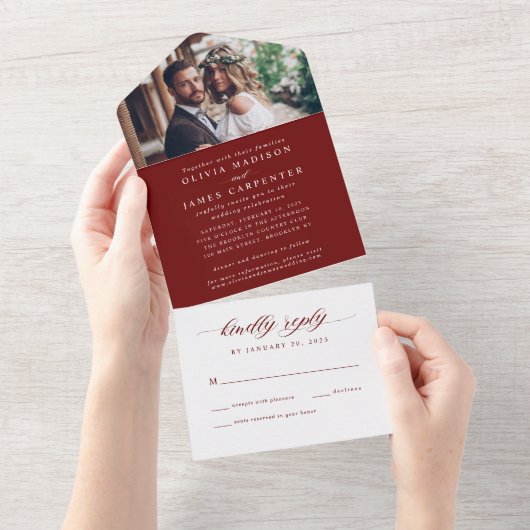 Moderne Elegant Burgundy Red Foto RSVP Weddenschap All In One Uitnodiging (Afscheurbaar)