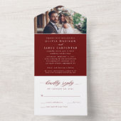 Moderne Elegant Burgundy Red Foto RSVP Weddenschap All In One Uitnodiging (Binnen)